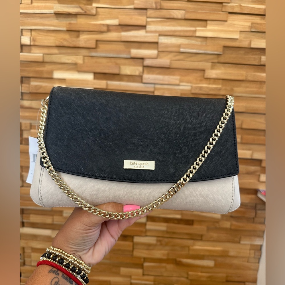 Kate Spade Black and Cream Clutch with Gold Chain
